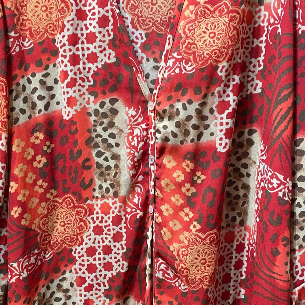 Maggie Barnes Vibrant Red, Cream, brown and Orange Patterned size 32W duster